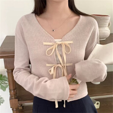 甜美风V领蝴蝶结绑带针织开衫女设计感温柔百搭显瘦短款长袖上衣