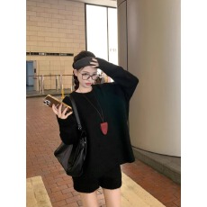 批发休闲套装黑色慵懒风宽松毛衣针织衫上衣女冬季高腰阔腿短裤两件套