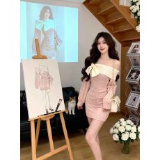 批发法式辣妹风蝴蝶结露肩针织连衣裙女秋冬新款收腰显瘦打底包臀裙子