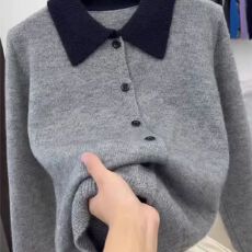 批发拼接撞色翻领羊毛<b class='q'>大码</b>外套女秋冬款洋气减龄显瘦保暖加厚针织开衫