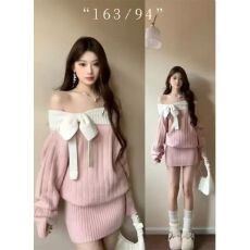 韩系纯欲风蝴蝶结一字肩针织连衣裙女秋季收腰显瘦气质包臀短裙子