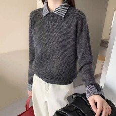 批发法式复古<b class='q'>条纹</b>拼色翻领假两件上衣秋冬新款气质<b class='q'>衬衫</b>领羊毛针织衫女
