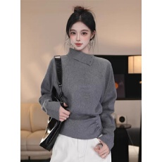 批发设计感高领<b class='q'>长袖</b>针织衫女秋冬韩系穿搭气质收腰修身显瘦蝙蝠袖毛衣