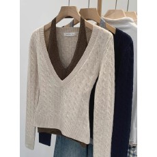 批发巨好看挂脖假两件麻花V领长袖针织衫女秋季2025新款内搭打底上衣