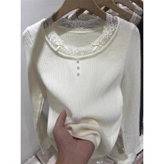 批发蕾丝边拼接长袖针织衫毛衣女2025秋冬新款短款修身内搭打底衫上衣