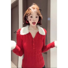 批发圣诞节穿搭新年红色毛毛翻领打底毛衣女秋冬季修身内搭针织衫上衣