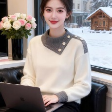批发设计感撞色<b class='q'>短款</b><b class='q'>毛衣</b>冬季女2025新款韩系慵懒风厚款针织衫翻领上衣