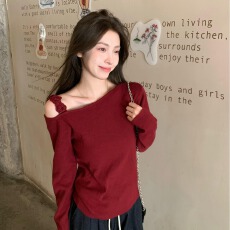 批发新年红花朵一字肩打底衫女春秋冬季斜领露肩内搭毛衣羊绒针织上衣