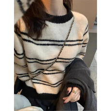 批发浣熊绒软糯套头短款条纹毛衣女秋冬冬季加厚内搭小个子打底针织衫