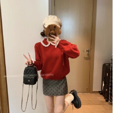 批发纯欲风娃娃领蕾丝打底毛衣女秋冬季洋气内搭高级感红色针织衫上衣