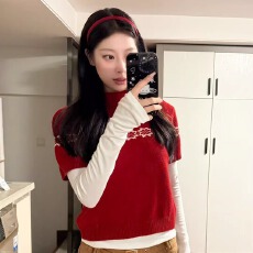 批发圣诞氛围感穿搭红色短袖针织衫<b class='q'>女</b>秋冬叠穿宽松慵懒半高领毛衣上衣