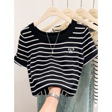 批发<b class='q'>黑白条纹</b>正肩短袖针织衫女<b class='q'>t</b><b class='q'>恤</b>冰丝薄款夏独特别致蝴蝶结刺绣上衣