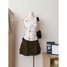 批发官图 莱雅210克1*1 纯欲甜辣贝壳印花挂脖吊带背心夏季上衣