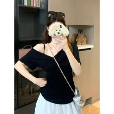 批发官图 莱雅210克1*1不规则<b class='q'>露肩</b>短袖t恤显瘦收腰弧形下摆<b class='q'>上衣</b>