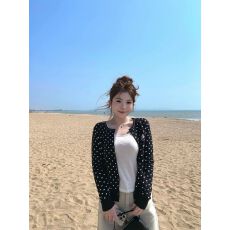 批发韩系复古波点黑色纽扣<b class='q'>针织</b><b class='q'>开衫</b>女春季修身显瘦设计感百搭慵懒外套