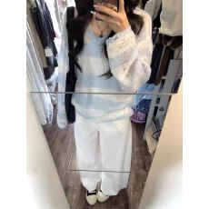 批发松弛感韩系条纹慵懒风<b class='q'>镂空</b><b class='q'>针织</b>衫<b class='q'>罩衫</b>女宽松显瘦垂感套头上衣