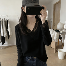 批发黑色蕾丝拼接V领长袖T恤女2026春秋<b class='q'>新款</b>简约内搭<b class='q'>打底衫</b>上衣