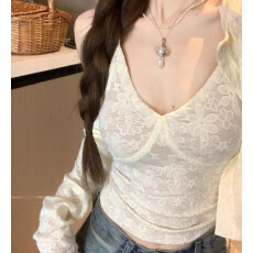 批发纯欲套装杏色长袖宽松外套女春季小众钩花吊带背心显瘦<b class='q'>时尚</b>两件套