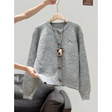 批发灰色小狗刺绣加绒长袖针织开衫<b class='q'>毛衣外套</b>秋冬新款可外穿上衣女