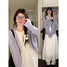 批发韩系文艺温柔风<b class='q'>拼接</b>无袖<b class='q'>连衣裙</b>女+复古镂空毛衣针织外套两件套装