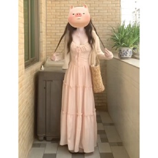 批发法式复古甜美风蕾丝<b class='q'>拼接</b>气质吊带<b class='q'>连衣裙</b>女学生+防晒薄披肩两件套