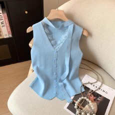 批发黄色蕾丝拼接针织衫女2026新款夏季<b class='q'>修身</b>无袖奶呼呼内搭外穿短上衣