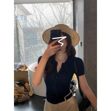 批发美式复古藏青冰丝正肩短袖T恤女夏季辣妹<b class='q'>修身</b>短款针织衫内搭上衣