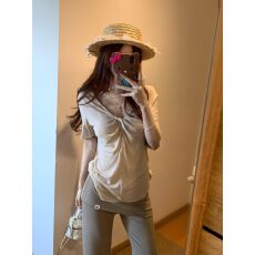 批发原版面料 韩系扭结V领短袖T恤女内搭绝美气质修身显瘦设计感上衣