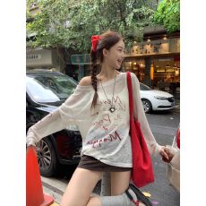 批发原版棉麻面料 防晒罩衫女夏季长袖t恤辣妹宽松独特露肩斜肩上衣