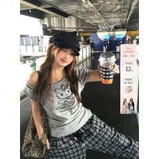 批发40支纯棉 美人鱼小猫kitty短袖休闲印花T恤上衣女夏