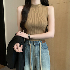 批发半高领针织背心女夏季新款修身外穿<b class='q'>小西装</b>内搭短款坑条无袖上衣