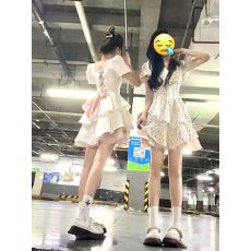 批发原版面料新款韩版时尚收腰显瘦短袖系带蝴蝶结蓬蓬<b class='q'>连衣裙</b>短裙