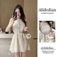 批发设计感挂脖气质<b class='q'>连衣裙</b>吊带裙短款甜美法式度假风无袖露肩吊带裙