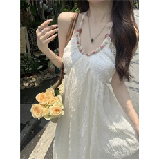 批发原版面料洛月花神~纯欲风露背挂脖吊带裙印花雪纺海边<b class='q'>连衣裙</b>