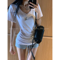 批发莫代尔纯欲V领百搭<b class='q'>白色</b>短袖女夏季新款正肩内搭T恤<b class='q'>打底衫</b>辣妹上衣