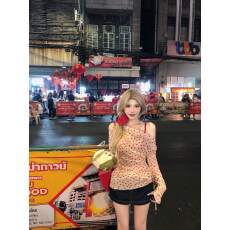 批发夏季款爱心印花长袖T恤2026新款女辣妹性感斜肩防晒罩衫修身上衣