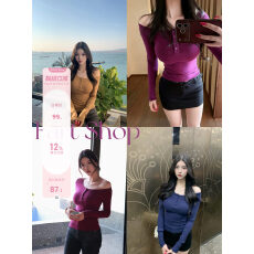 批发260克人棉斜肩收腰长袖上衣内搭<b class='q'>女</b>春季显瘦甜辣风百搭弹性打底衫