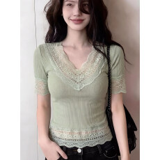 批发260克人棉绿色蕾丝花边上衣夏2026新款气质<b class='q'>女</b>绝美修身显瘦短袖t恤