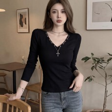 批发雅致棉美式辣妹风黑色V领长袖T恤<b class='q'>女</b>春时尚穿搭修身显瘦打底衫上衣
