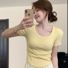 官图 40支纯棉罗纹210克1*1 夏季修身显瘦短款百搭黄色上衣