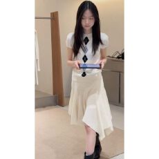 批发实价有货韩系穿搭菱纹短袖<b class='q'>针织衫</b>T恤上衣<b class='q'>不规则</b>高腰半身裙套装