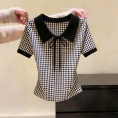 批发法式复古风撞色娃娃领衬衫女夏季新款独特绝美蝴蝶结短袖减龄上衣