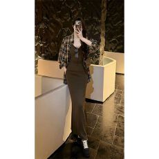 批发实价有货法式复古格纹宽松长袖<b class='q'>衬衫</b>上衣内搭收腰吊带连衣裙套装