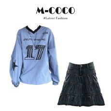 批发实价有货美式复古运动风撞色V领T恤女<b class='q'>高腰</b>显瘦蓬蓬蛋糕裙套装女