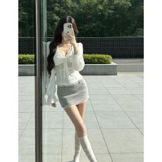 批发实价有货纯欲辣妹风V领蕾丝花边<b class='q'>衬衫</b>女夏季波点包臀半身裙套装