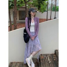 批发实价有货韩系甜妹风紫色针织开衫上衣浅紫格纹<b class='q'>不规则</b>半身裙套装