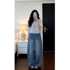 批发实价有货法式温柔风吊带一字肩网纱小衫上衣高腰阔腿<b class='q'>牛仔</b>裤<b class='q'>套装</b>