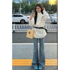 批发实价有货春季新款设计感不规则长袖衬衫上衣高腰显瘦微喇裤<b class='q'>套装</b>