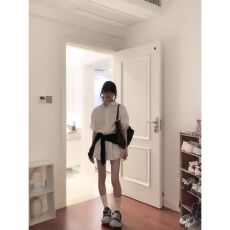 批发实价韩系白色polo领长袖<b class='q'>衬衫</b>上衣春季高腰半身裙气质两件套装