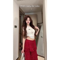 批发实价法式复古红色不规则碎花<b class='q'>半身裙</b>女夏季减龄开叉蛋糕<b class='q'>长裙</b>子